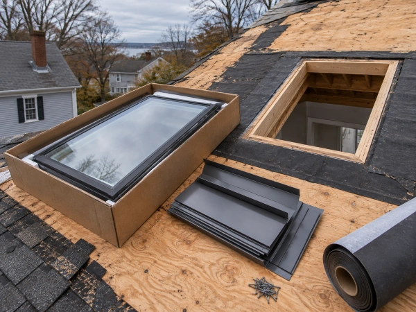 New skylight and flashing kit staged beside an open roof deck during a tear-off