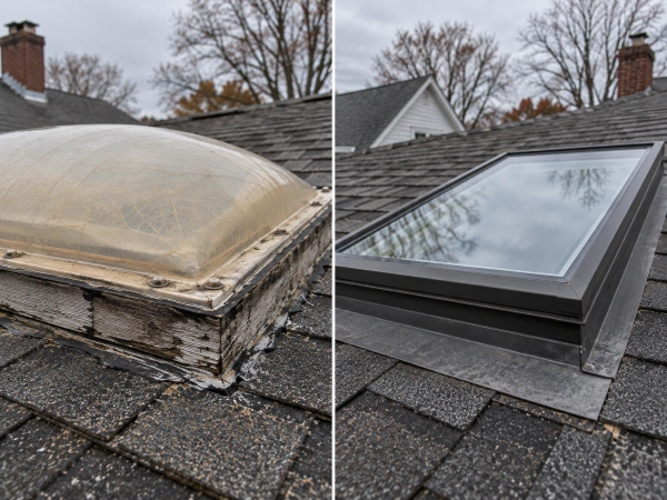 Yellowed plastic dome skylight beside a clear glass skylight on a New England roof
