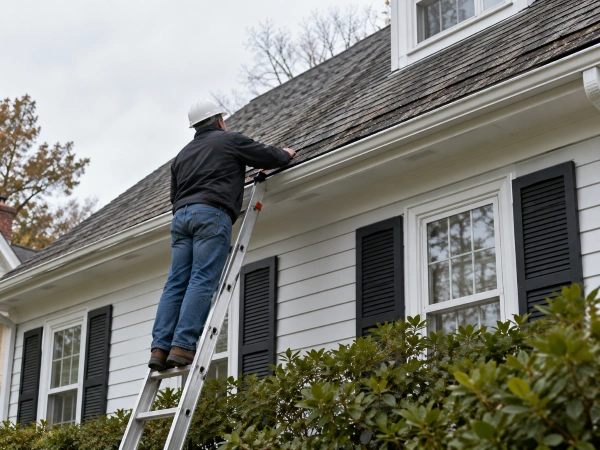 Home inspector checking roof eaves from a ladder before a home sale