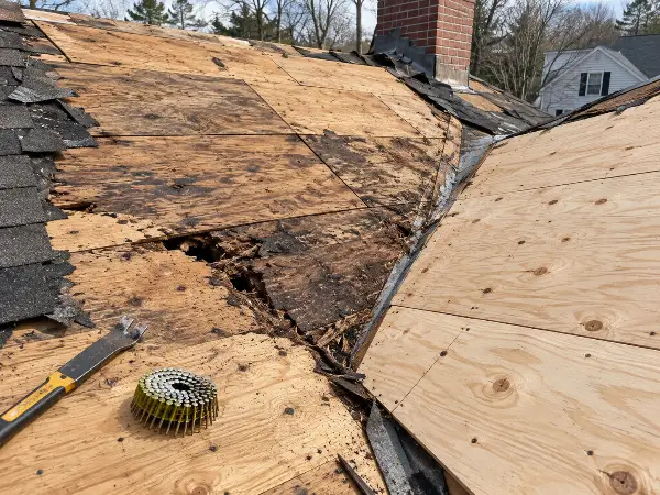 Rotted roof sheathing exposed during tear-off next to new decking
