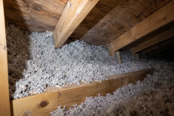 Blown insulation blocking the soffit intake vent at an attic eave