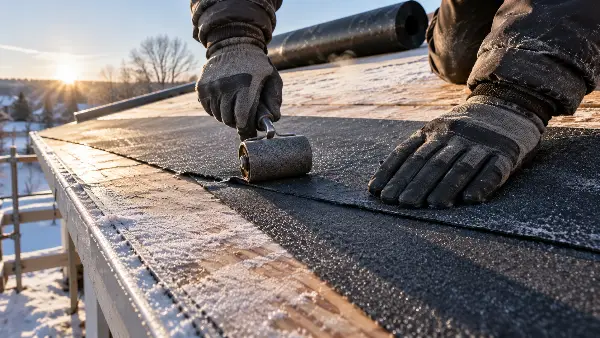 Hand-rolling a lap seam on ice and water shield during a cold weather roof installation