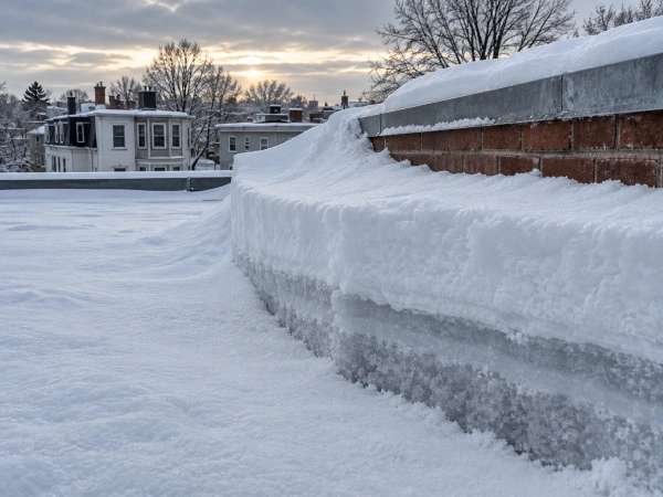 Snow load on a Massachusetts flat roof, layered old and new snow banked at a parapet