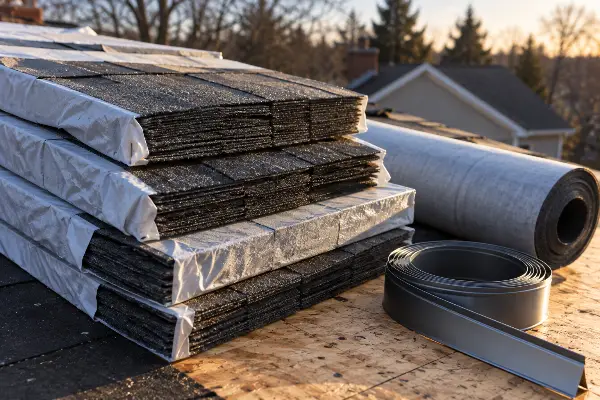 Architectural shingles and underlayment staged on a roof deck before install
