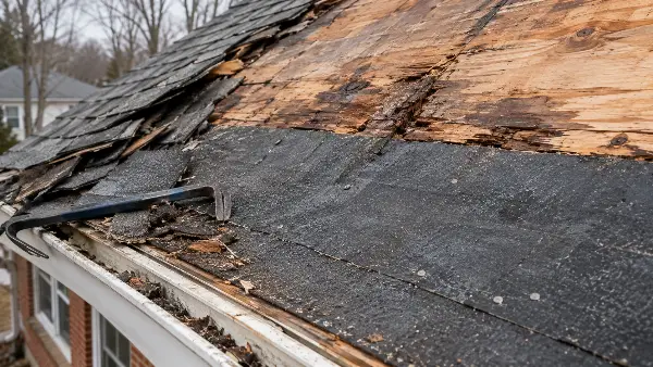 Tear-off showing an old leak barrier that stopped short, with water-stained decking above it