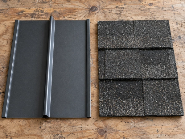Standing seam metal panel next to an architectural asphalt shingle
