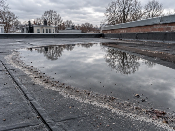 Ponding water sitting on a flat roof 48 hours after rain