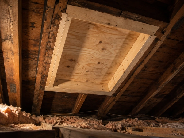 Former skylight opening framed and sheathed closed, seen from inside the attic