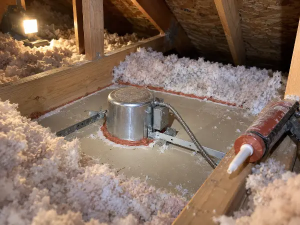 Air sealing around a recessed light and top plate in an attic ceiling plane