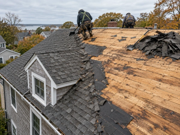 Roof tear off showing exposed wood decking and old underlayment