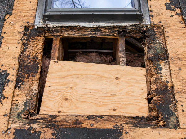 Rotted decking cut out and replaced around a skylight curb during a roof tear-off