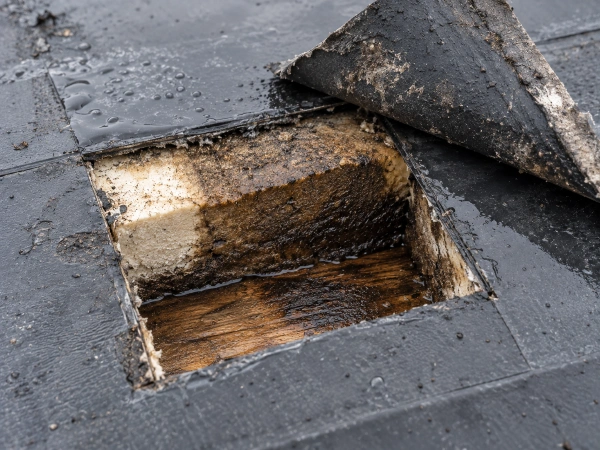 Core cut showing soaked insulation under a flat roof membrane