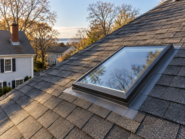 Finished charcoal shingle roof with a new skylight and flashing woven into the courses
