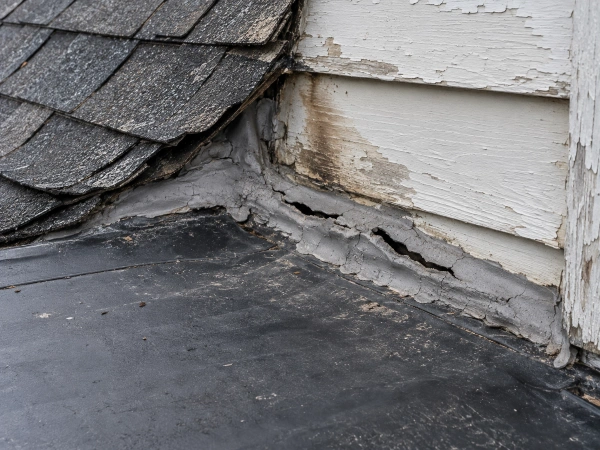Porch roof sealed with caulk instead of flashing where it meets a pitched roof