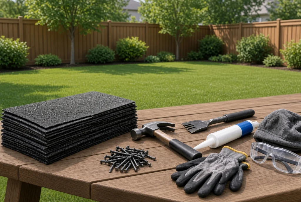 DIY roof repair tools and replacement shingles prepared by a Massachusetts homeowner
