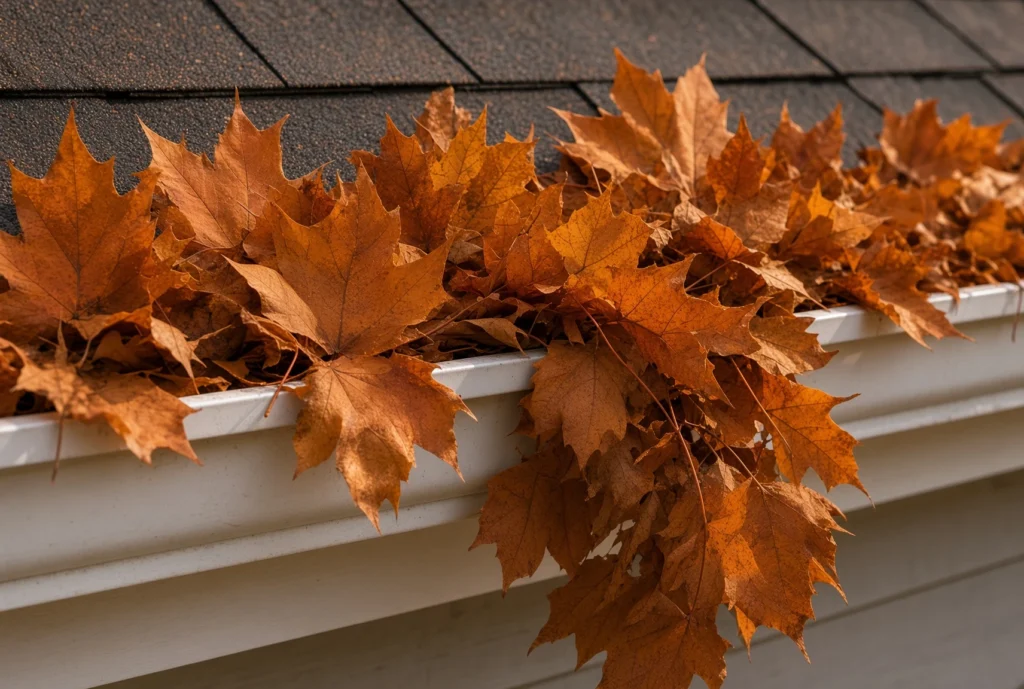 maple leaves on roof gutter