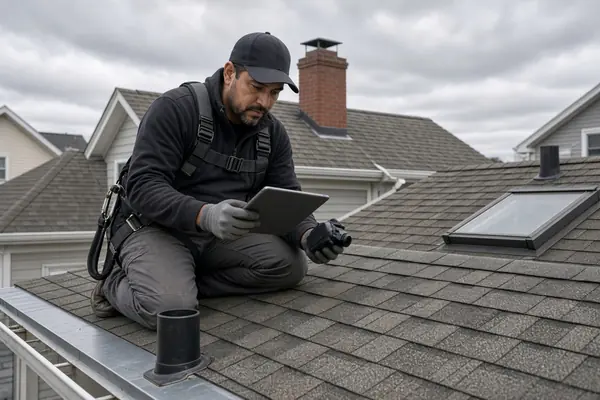 Roofer checking roof components during an inspection