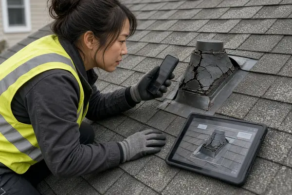 Roofer photographing a roof defect for documentation