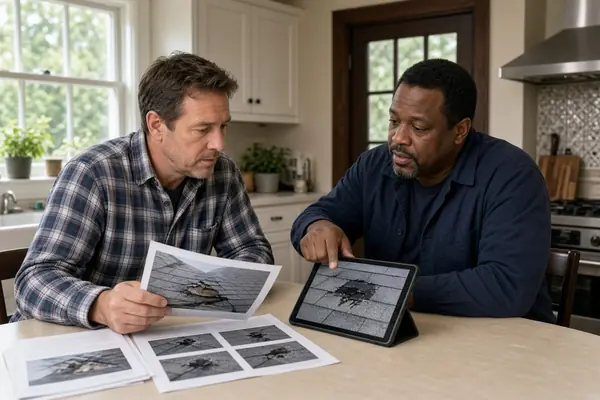 Homeowner reviewing roof damage documentation