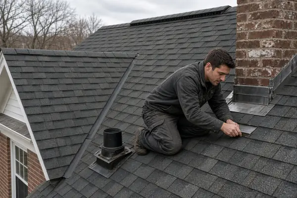 Roofer inspecting flashing and vent boots on a Massachusetts roof