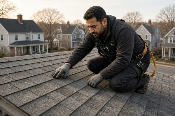 Roofer assessing the condition of aging shingles