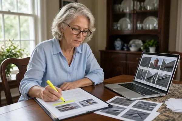 Homeowner reviewing roof inspection findings
